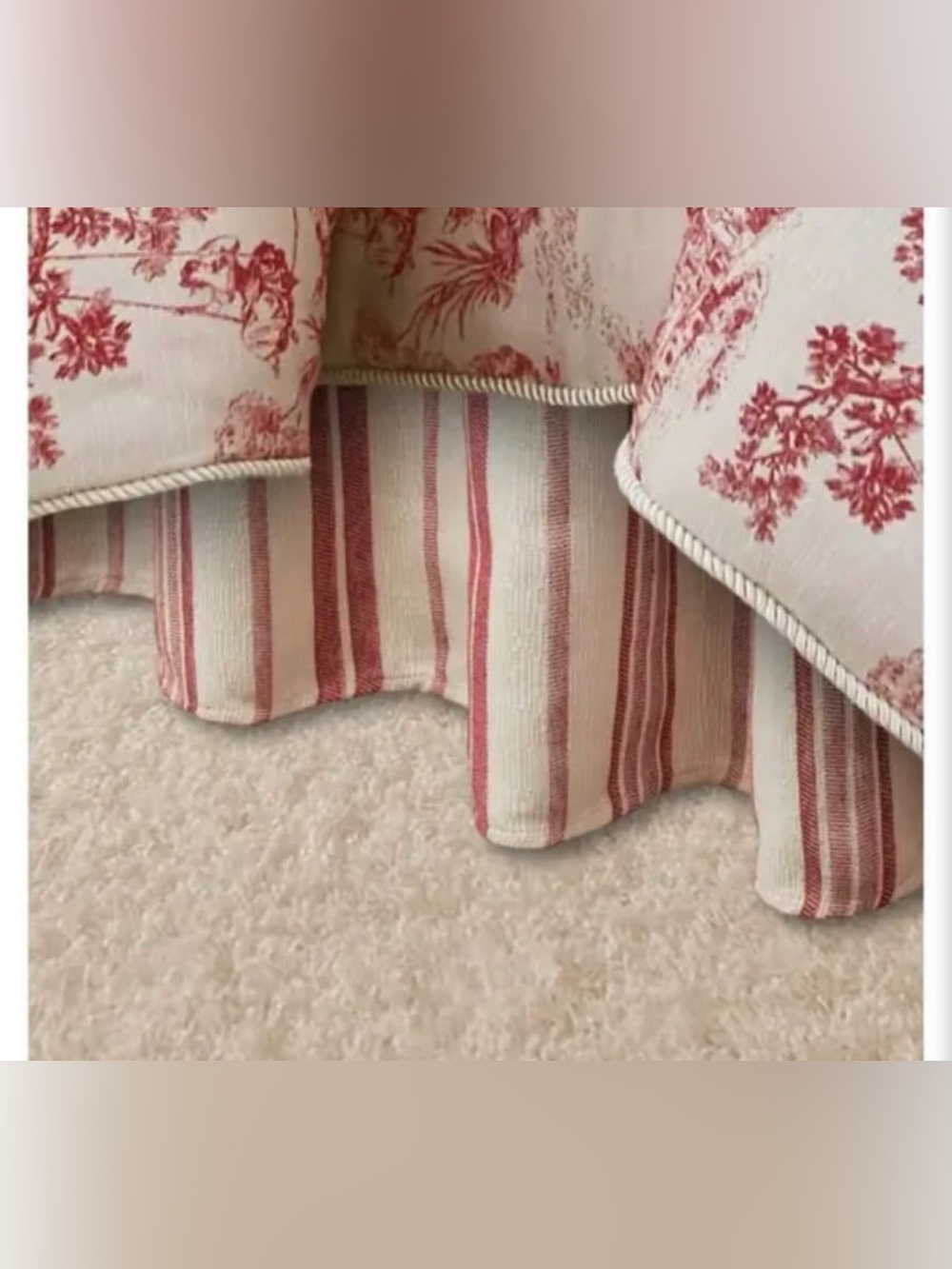 Austin Horn Red and Cream Striped Bed Skirt with Toile Accent